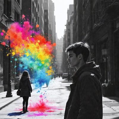 The primary subject of the image is a man standing on a sidewalk, looking at a woman walking by. The setting is a city street with a brick sidewalk. The visual style is a black and white photo, which adds a sense of nostalgia and timelessness to the scene. The dominant colors are black, white, and various shades of gray, creating a moody atmosphere. The overall mood of the image is contemplative and introspective, as the man observes the woman walking by.